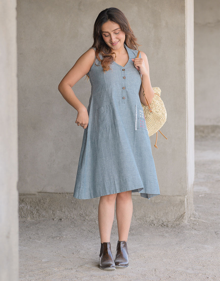 Stonewashed Blue Embroidered Dress