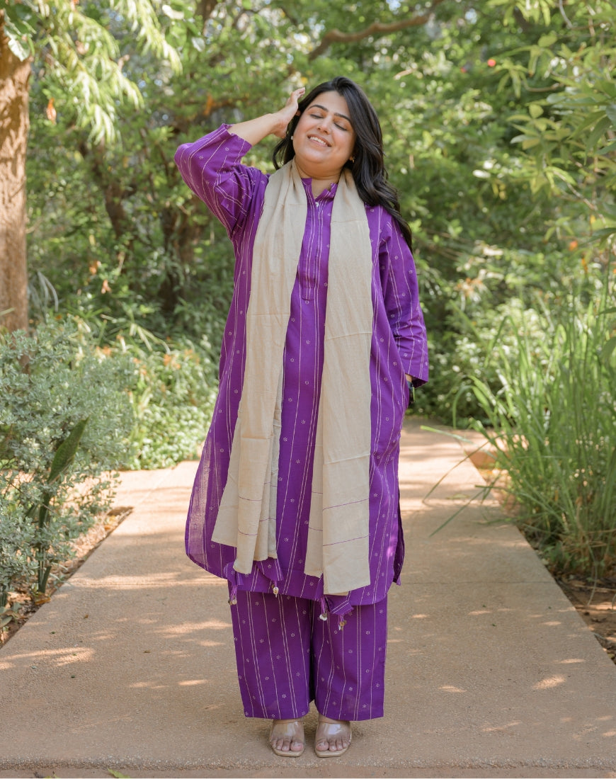 Purple Weave Co-ord Set with Stole