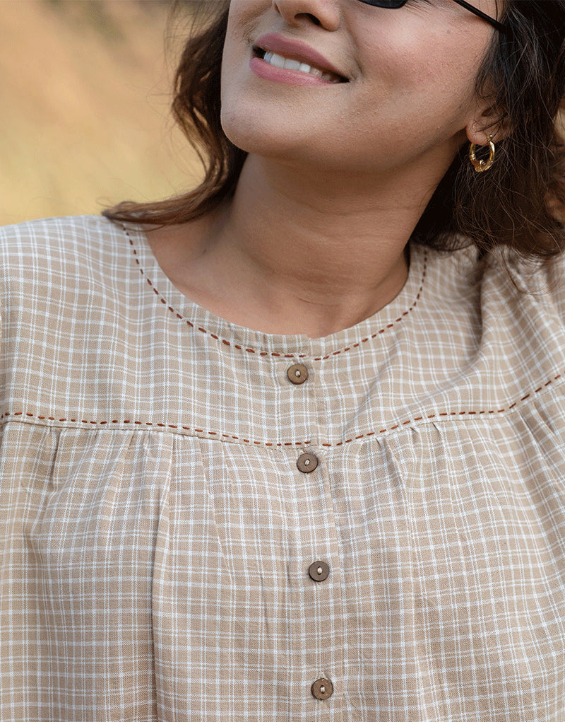 Beige Beige Chickoo Checkered Top | Handloom Cotton Top for Women | Babli