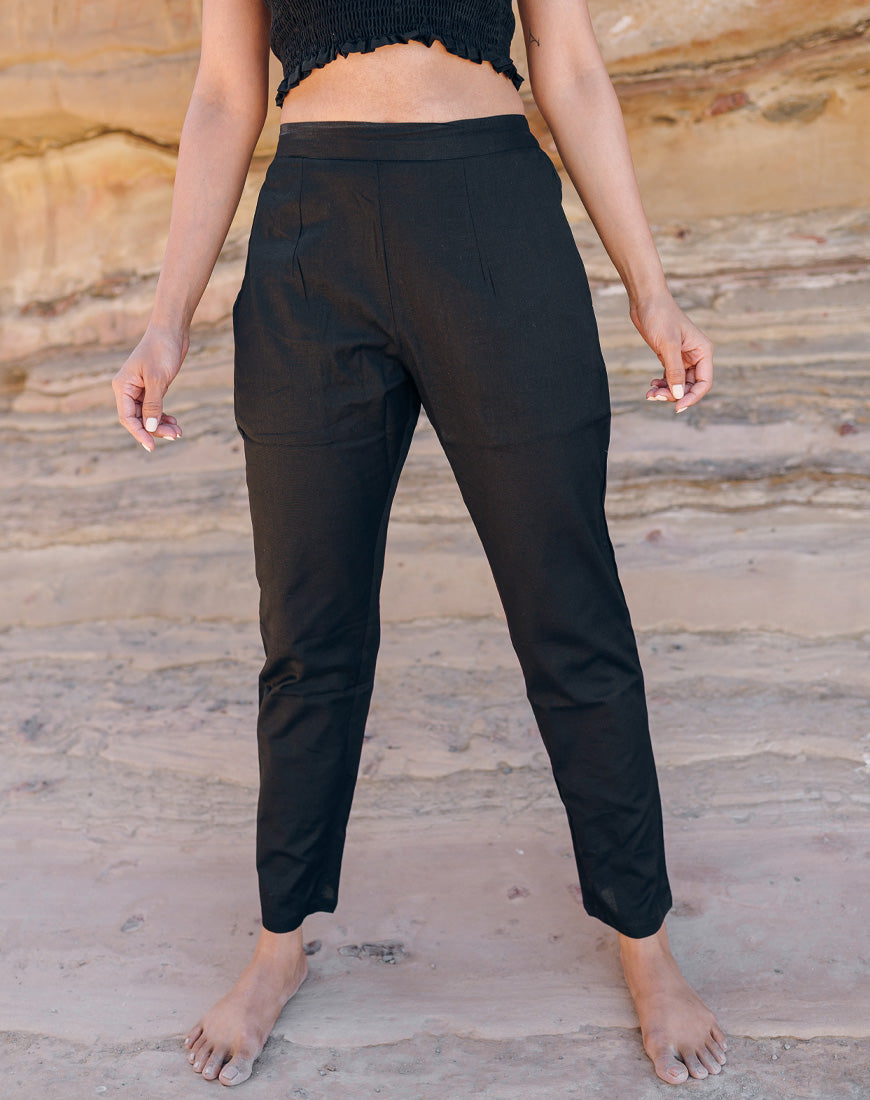 Royal Black Cotton Straight Pants