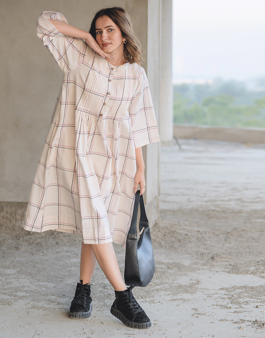 Checkered Charm Cream Dress