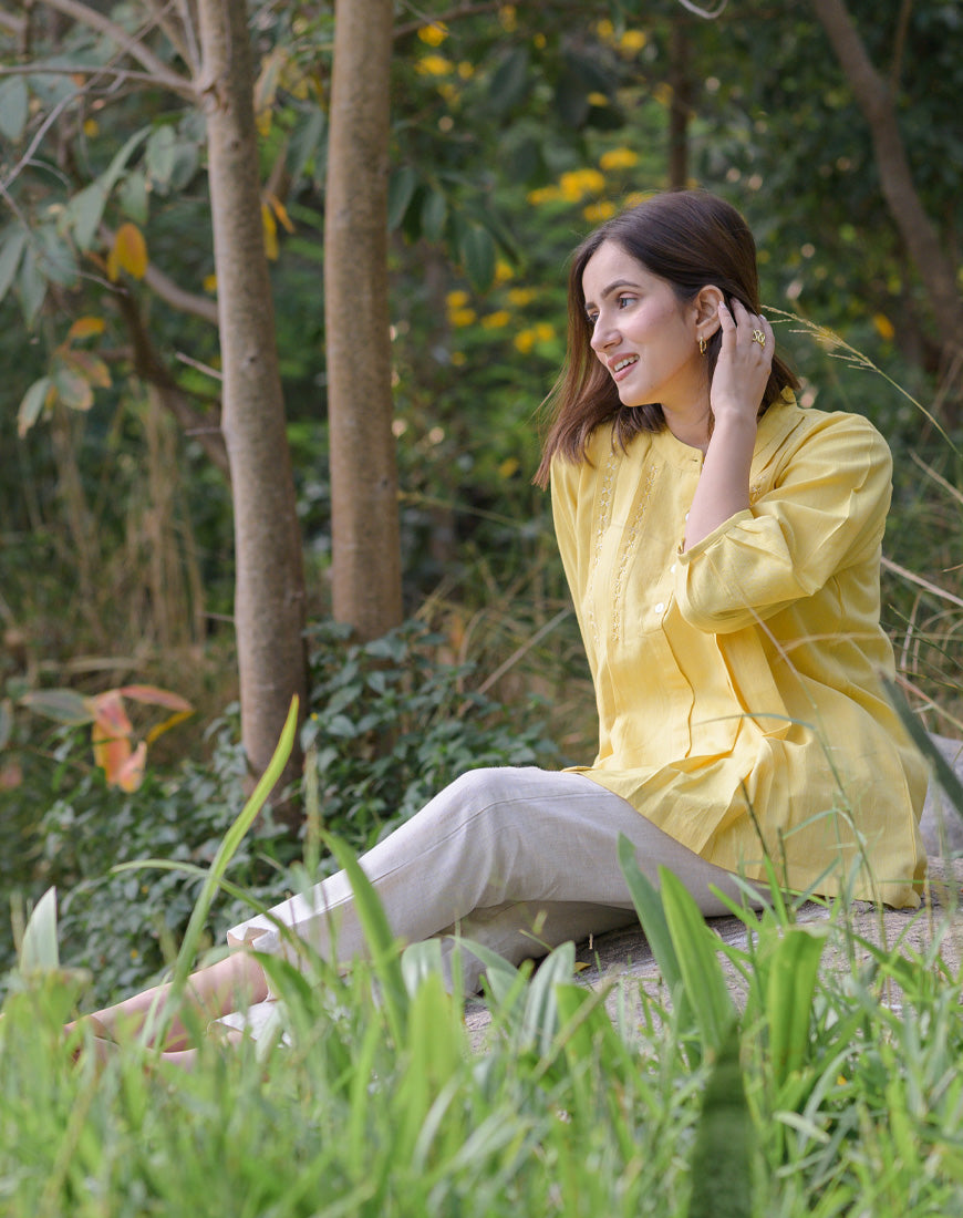 Shop Cotton Lemon Yellow Embroidered Mandarin Top Online - B-490-XS