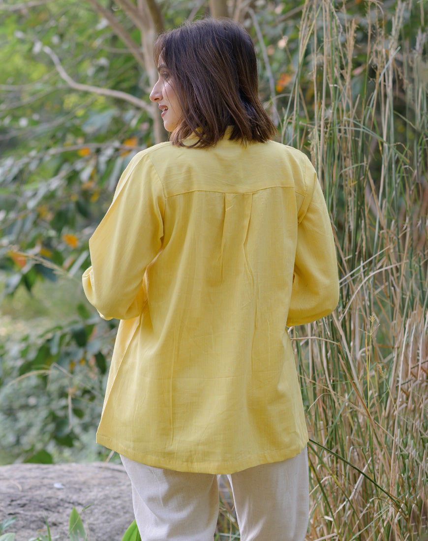 Shop Cotton Lemon Yellow Embroidered Mandarin Top Online - B-490-XS