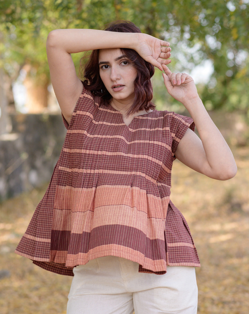 Maroon Waves Pleated Top