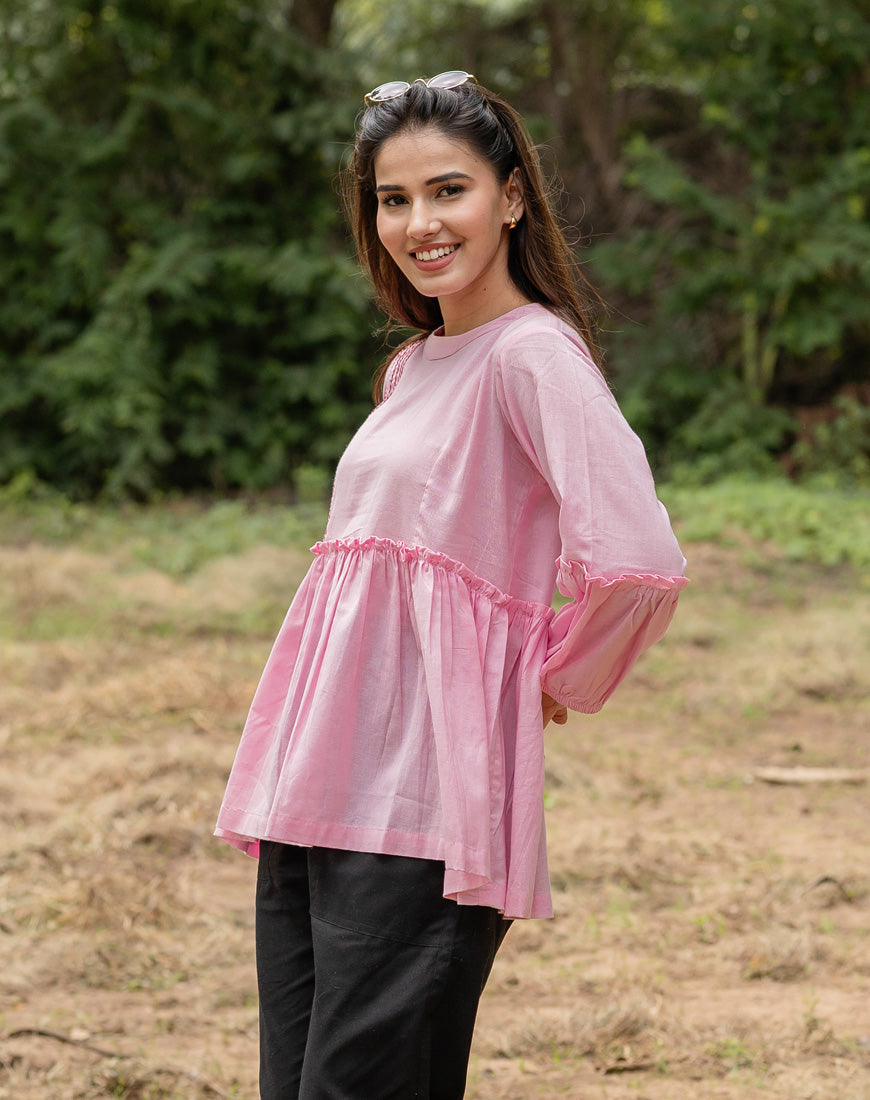 Pink Pastel Pink Peplum Top | Handloom Cotton Top for Women | Babli