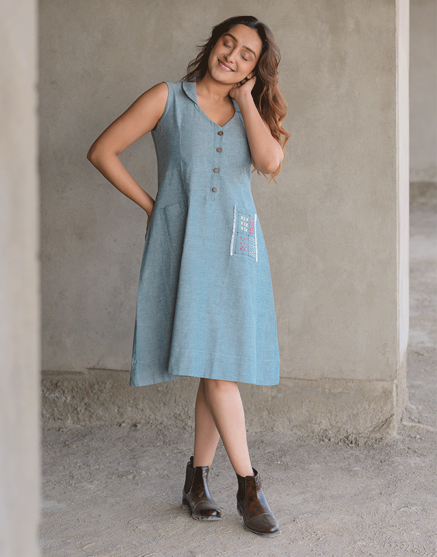 Stonewashed Blue Embroidered Dress