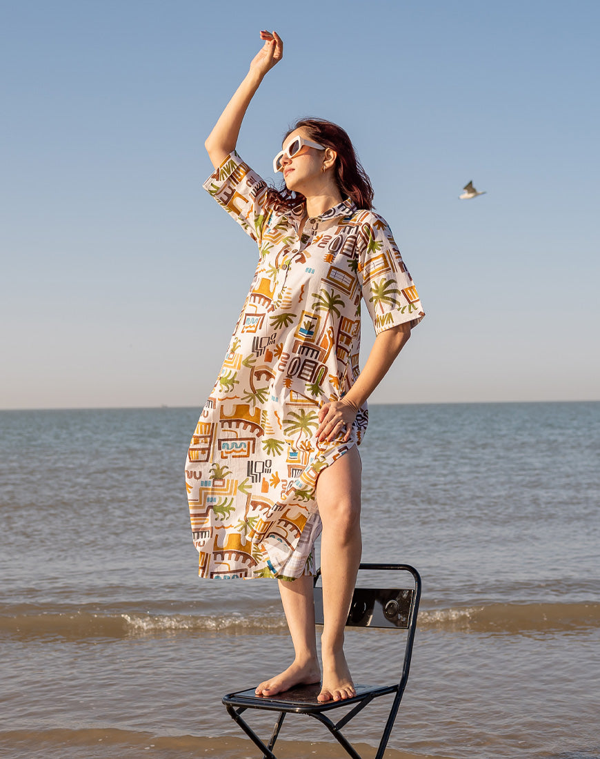 Brown Bohemian Safari Dress | Handloom Cotton Dress for Women