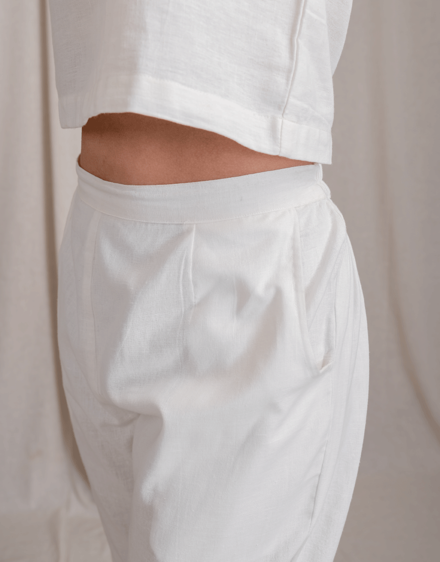 Powder White Cotton Straight Pants