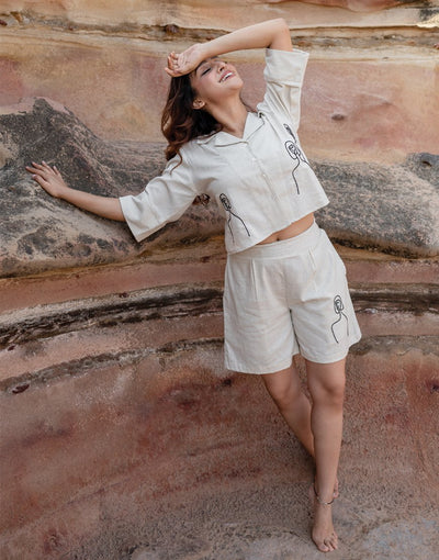 Artsy Khadi Cream Co-ord Set Shirt & Shorts