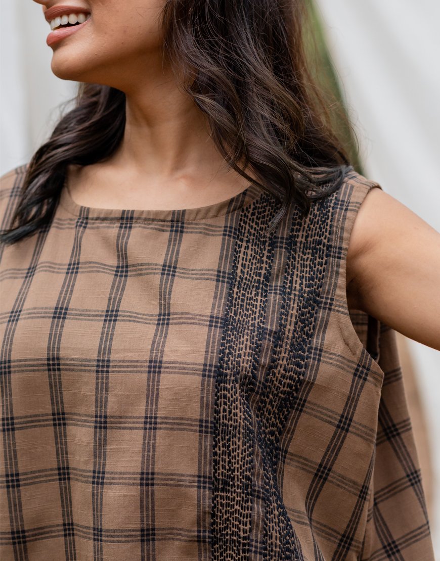 Brown Checkered Embroidery Top