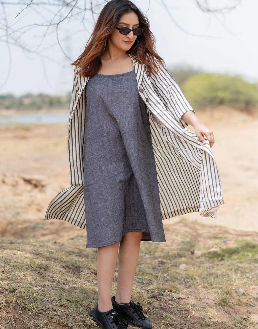 Grey Striped Jacket With Dress