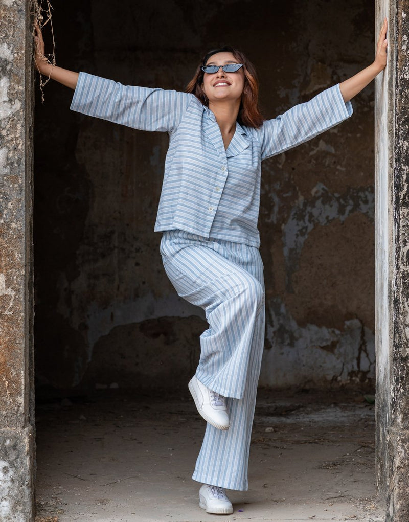 White co-ord set with blue stripes