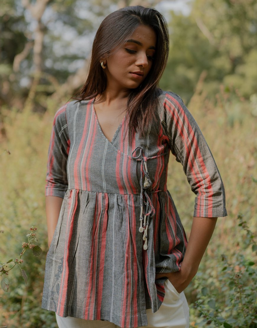 Red and Grey Striped Angrakha Top
